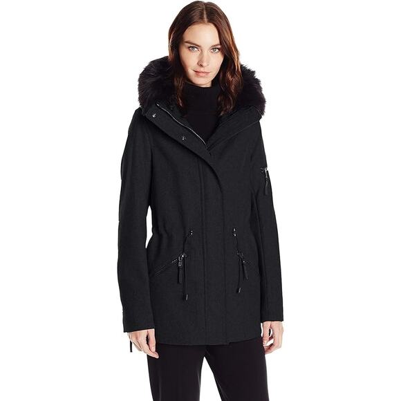 Calvin Klein Black Winter Coat sz L Hooded Coat Wool Coat Faux Fur Trim